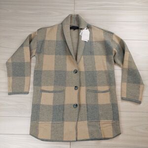 English Factory Womens Knit Sweater Cardigan Small Check Plaid Oversized Pockets